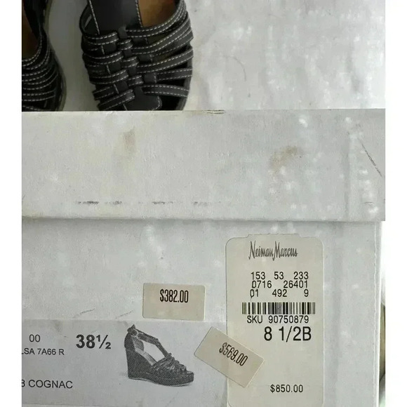 CHLOE Marcie Black Leather T-Strap Platform High Heel Wedge Sandal Size 38 1/2 - Picture 7 of 10